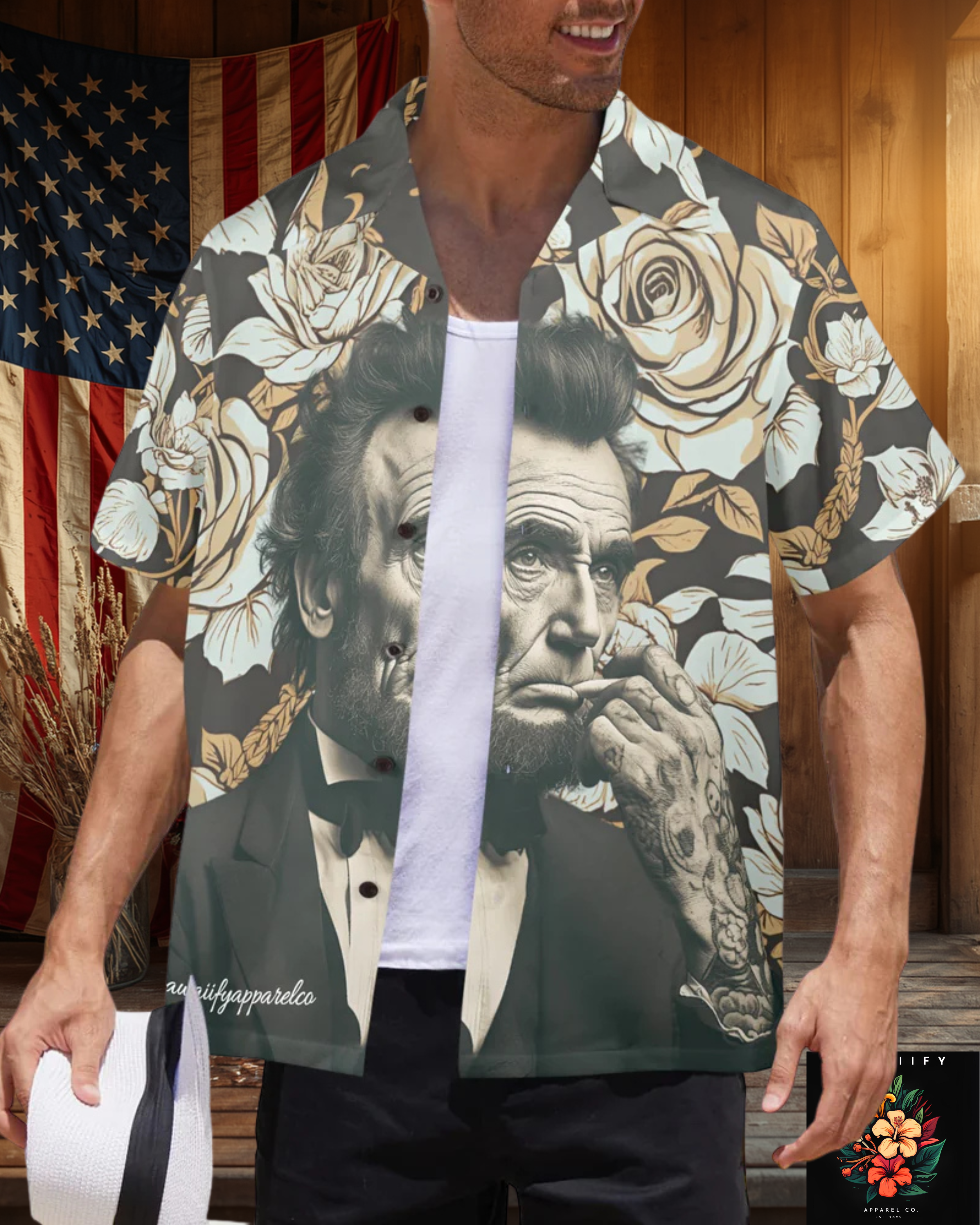 Abraham Lincoln Hand Tats Men's Hawaiian Shirt Made In USA