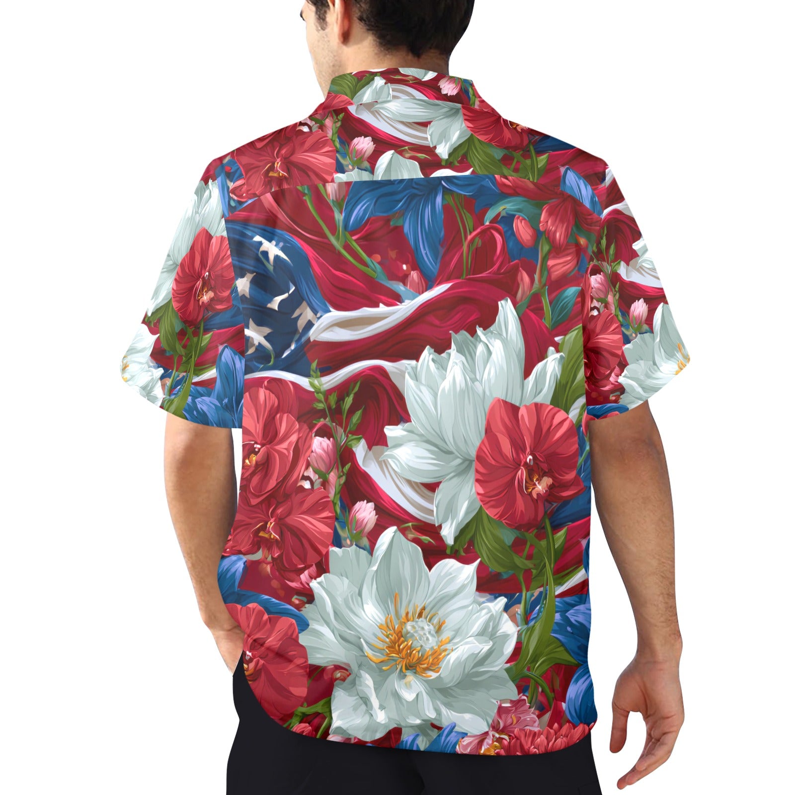 USA White Lotus American Flag Men's Hawaiian