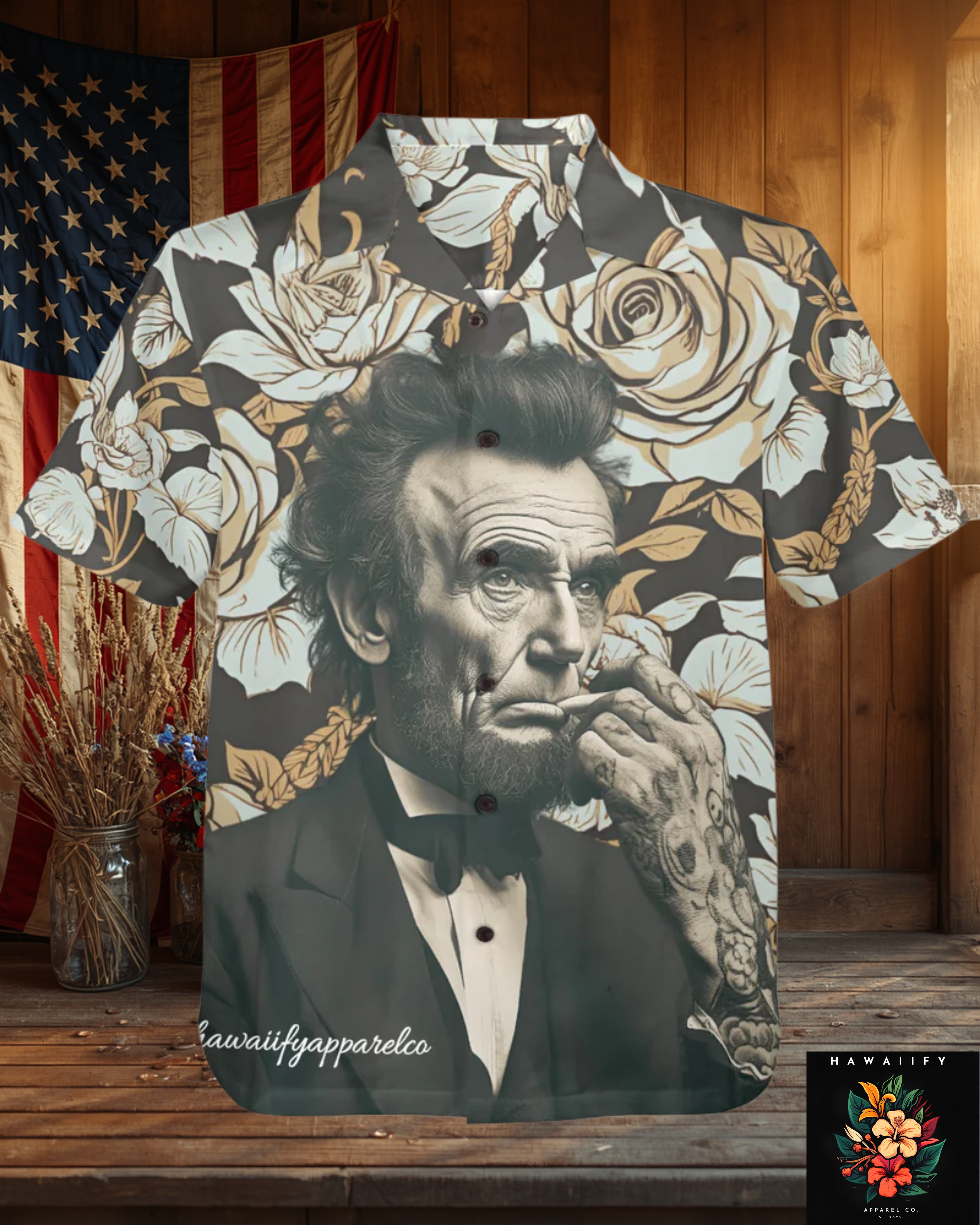 Abraham Lincoln Hand Tats Men's Hawaiian Shirt Made In USA