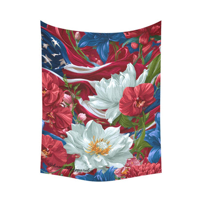 USA White Lotus American Flag Cotton Linen Wall Tapestry 60"x 80"