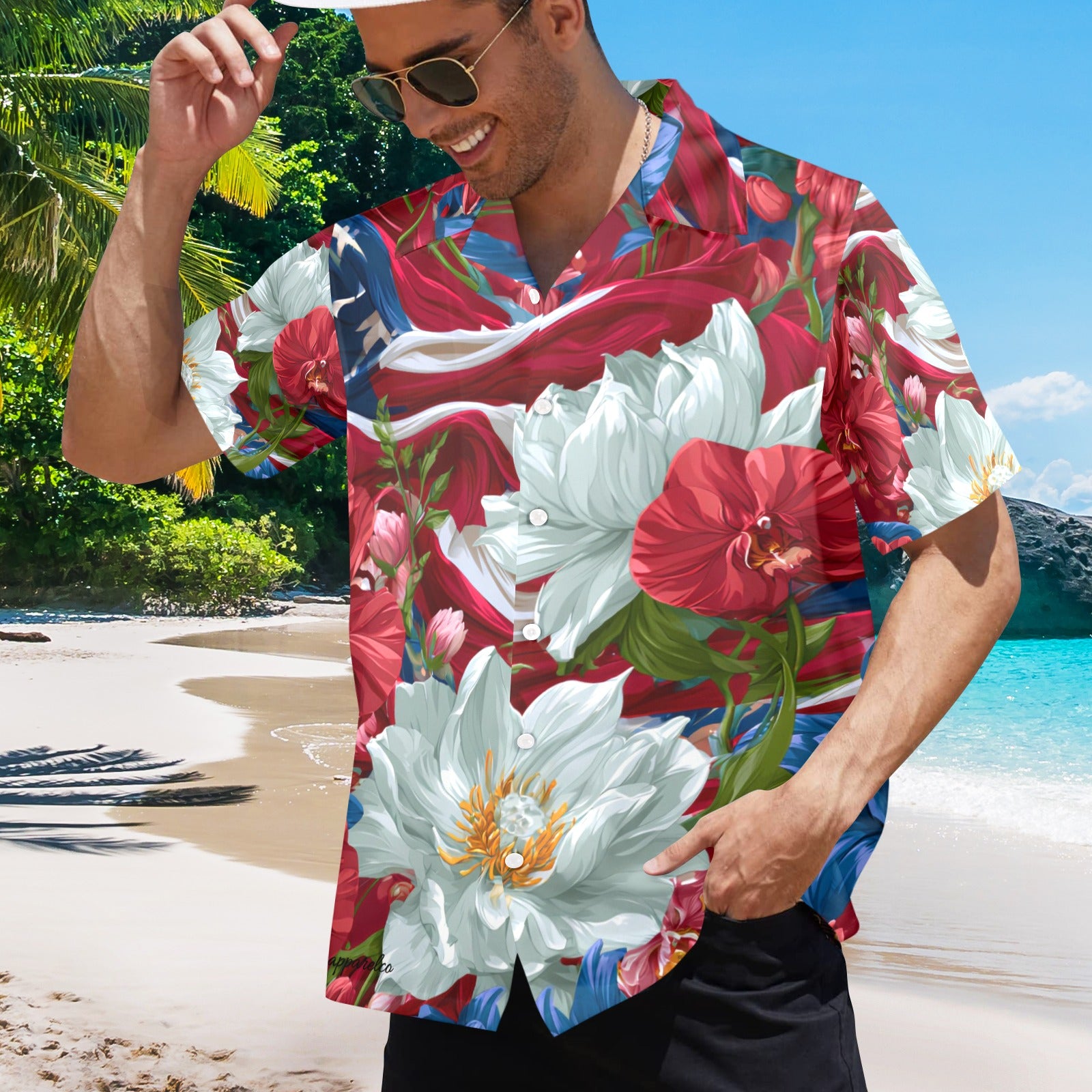 USA White Lotus American Flag Men's Hawaiian