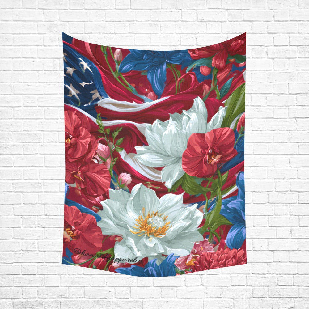USA White Lotus American Flag Cotton Linen Wall Tapestry 60"x 80"