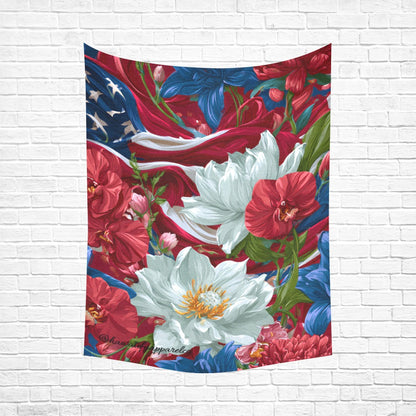USA White Lotus American Flag Cotton Linen Wall Tapestry 60"x 80"